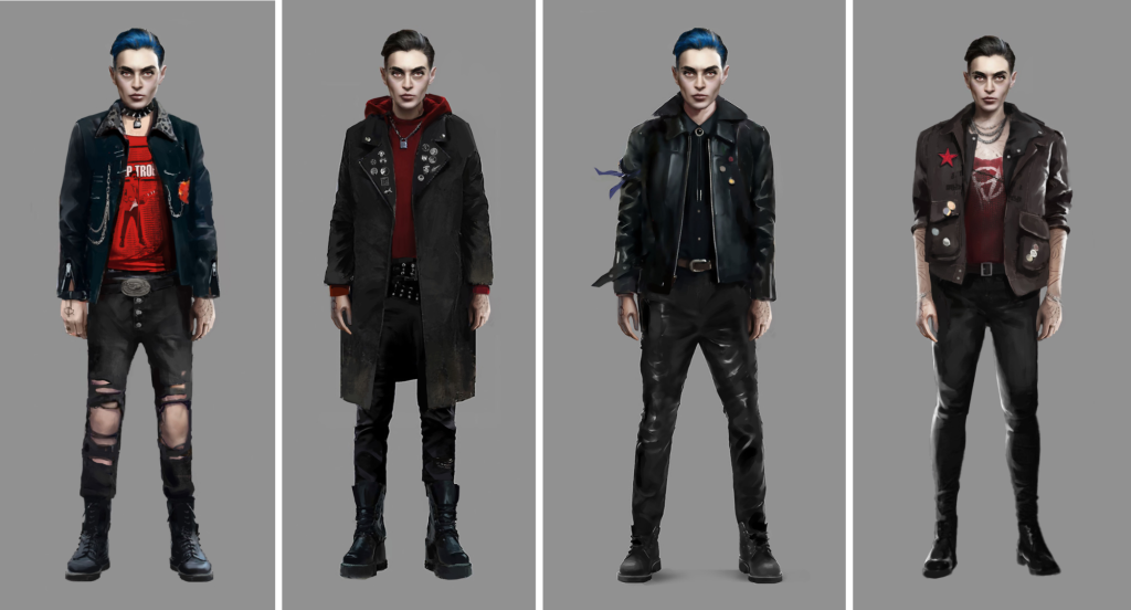 Four concept character portraits of Phyre wearing Brujah attire. The Brujah have rebellious spirit, and features lots of leather, ripped jeans, chunky black boots and oversized jackets.