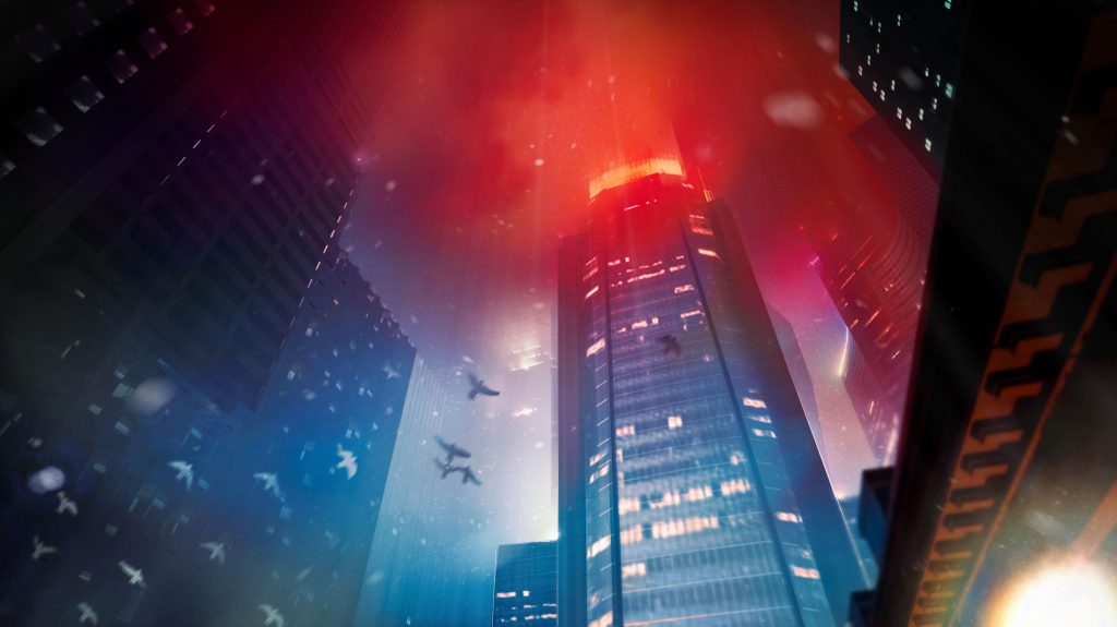 An in-game image from Bloodlines 2. The camera looks up towards a large, glass building which is emitting a bright red light. Birds fly up towards it in shadow.