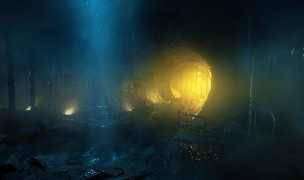 Concept Art for Bloodlines 2 created in Unreal Engine 5. In an empty, dark environment which looks like a sewer system, a bright orange light shines through and illuminates a figure who walks away with their hood up and hands in their pockets.