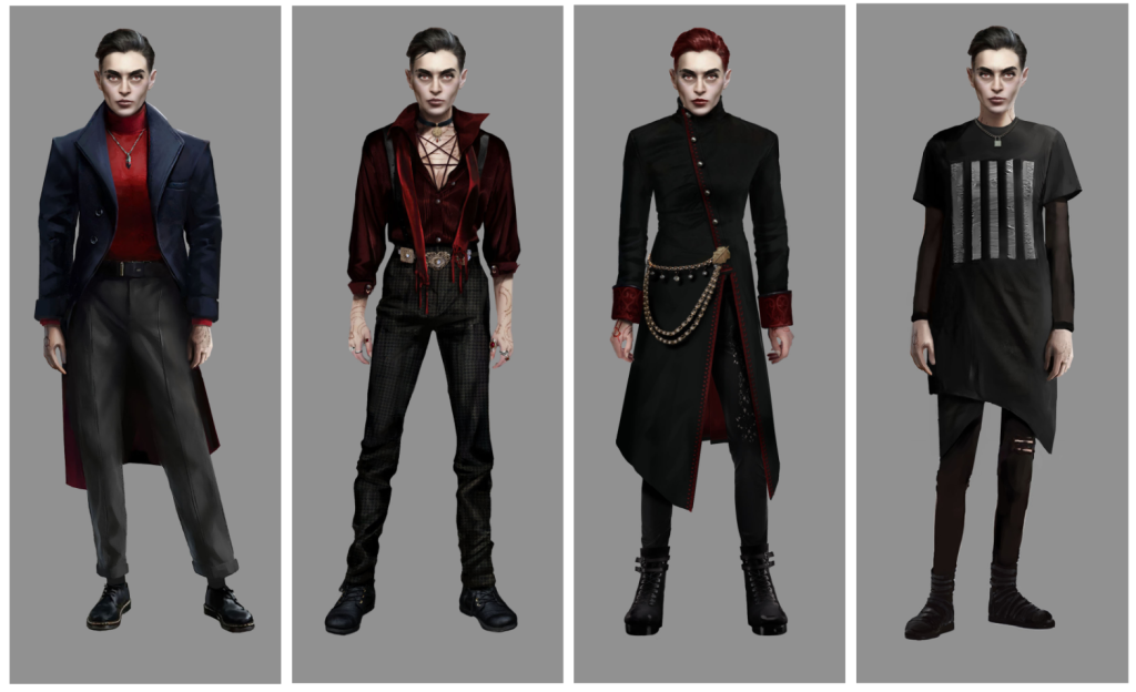 Four concept character portraits of Phyre wearing Tremere attire. The Tremere feel a deep conncection to blood magic and features items including black and blood red clothes which contrast. Oversized t-shirts, longline coats which have military detailing and open-chested shirts.