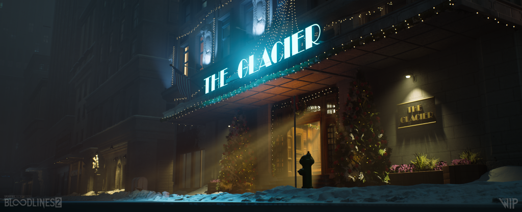 A WIP image from Bloodlines 2. On a dark, snowy night, The Glacier is a majestic building which glistens with Christmas fairy lights. The main sign reading 'THE GLACIER' glows in blue above an empty street.