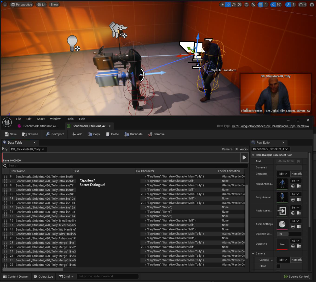 An in-engine screenshot from Bloodlines 2. At the bottom of the image shows the commands, and the top shows a side-on perspective of a shot which shows Tolly looking at the player. The shot is rigged with a camera and lighting.