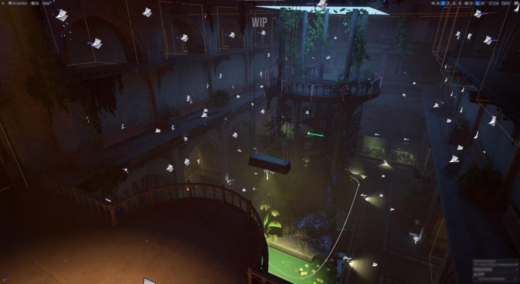 An in-engine image from Bloodlines 2. A darkened scene shows all the possible traversal points for a player to interact with.