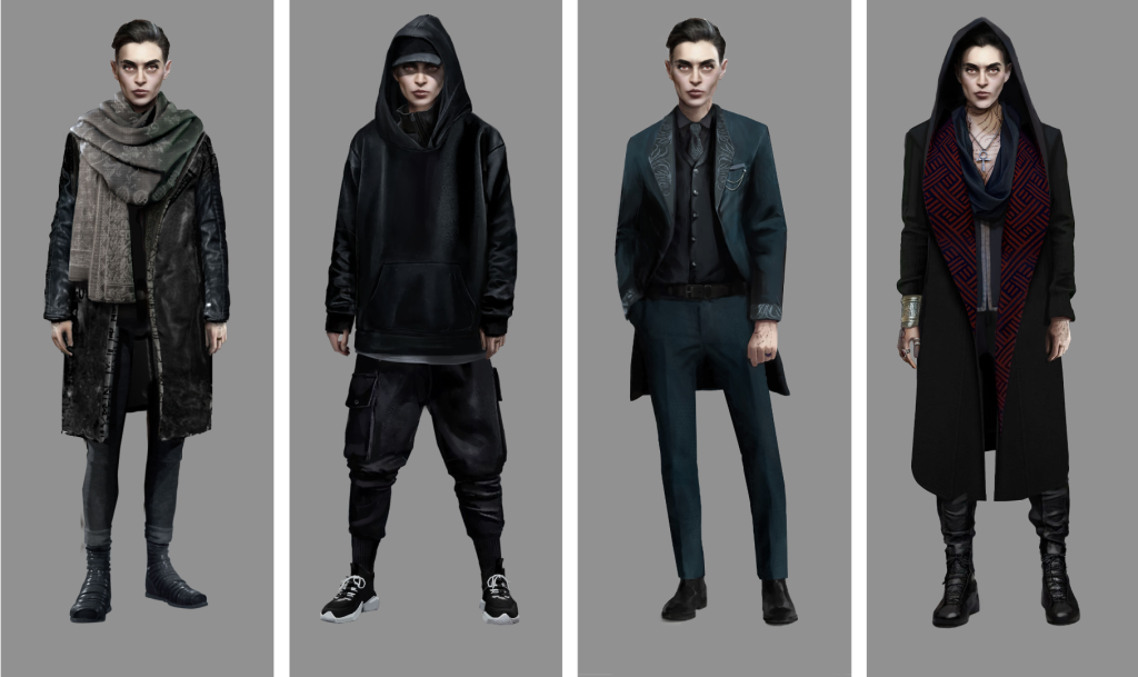 Four concept character portraits of Phyre wearing Banu Haqim attire. The Banu Haqim is all about stealth and features items including hoodies, oversized scarves in muted tones, streetwear and chunky black boots.