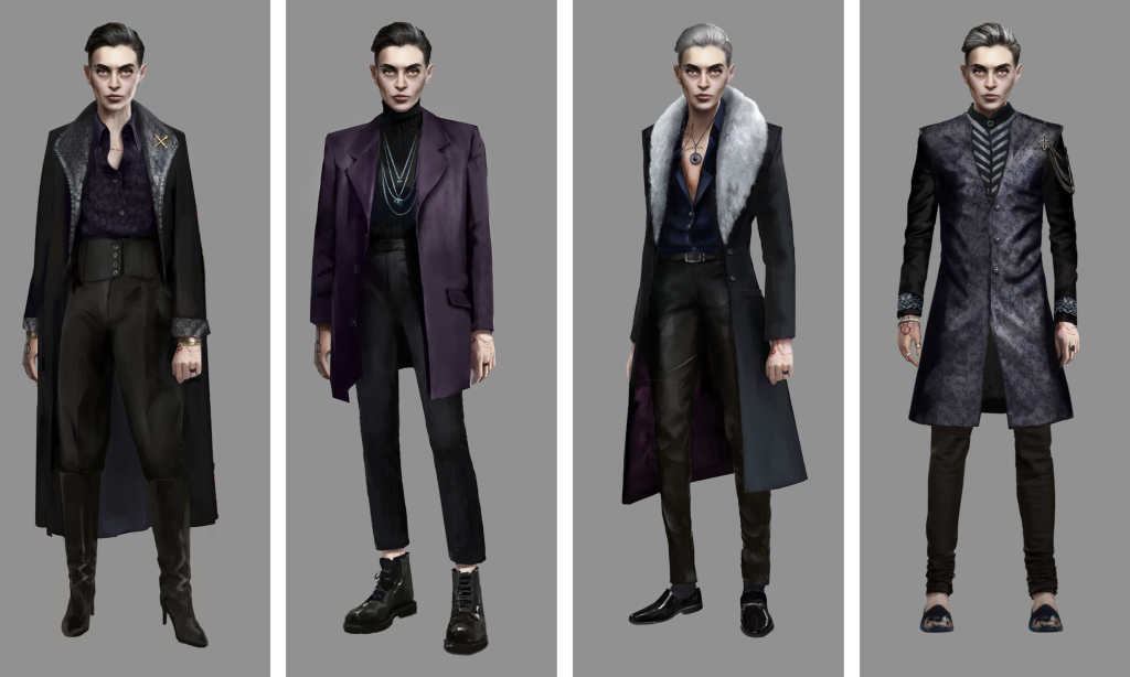 Four concept character portraits of Phyre wearing Ventrue attire. The Ventrue style is old-world meets corporate boardroom and features items including blazers, fur-collared coats and shiny shoes.