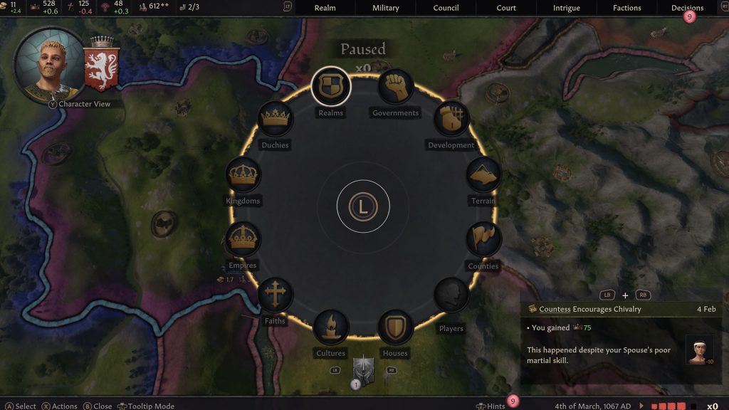A screenshot from Crusader Kings III on console. The image shows a radial menu for the map - allowing players to easily navigate between realms, governments, terrain and houses. 