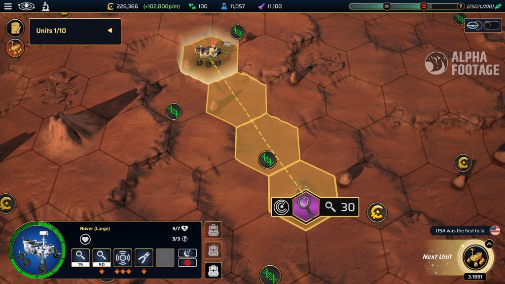 A screenshot from Mars Horizon 2. Shows the red, sandy terrain of a planet and the player planning their traversals of a rover vehicle across the surface.