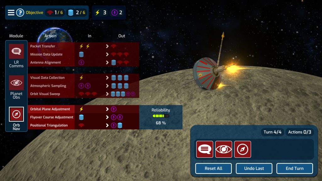 A screenshot from Mars Horizon. In this image, players have sent a device onto a planet - you can see the Earth in the star-studded sky in the background. Information is being presented to the player about the success of their device planting including positional triangulation, atmospheric sampling and antenna alignment.