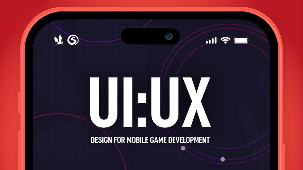 Image shows the top half of a mobile phone screen - with the phone 'clock' amended to read UI:UX, and where the date would usually sit reads 'Design for Mobile Game Development'. In the background, an illustrated astronaut jumps through space.