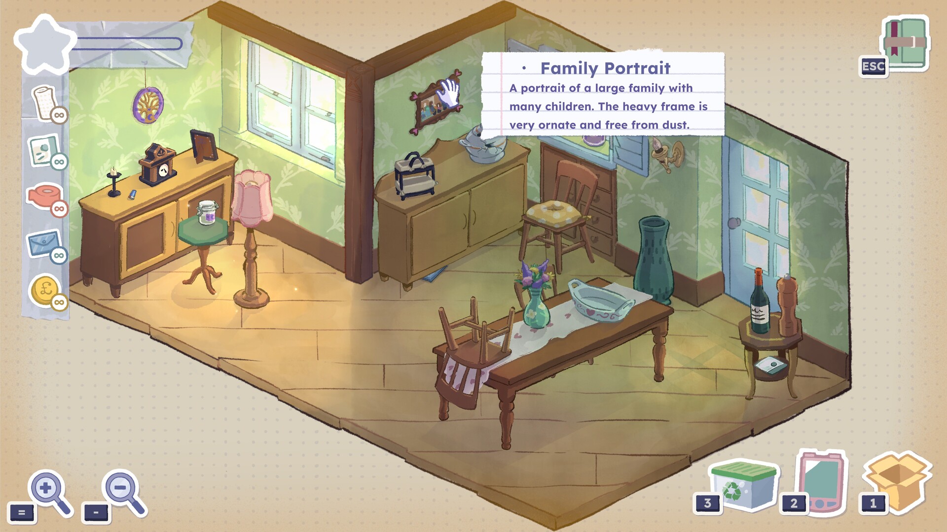 A screenshot from A Storied Life: Tabitha depicting a stylised hand drawn illustrated style. The screenshot shows a dining room environment with wooden floors and green wallpapered walls. The room is drawn in an isometric style and features multiple pieces of furniture such as tables, chairs, dressers, and many smaller objects atop these items. There is a hand icon hovering over a framed picture on one of the walls and next to this is a lined paper pop up with text on that reads 'Family Portrait. A portrait of a large family with many children. The heavy frame is very ornate and free from dust.