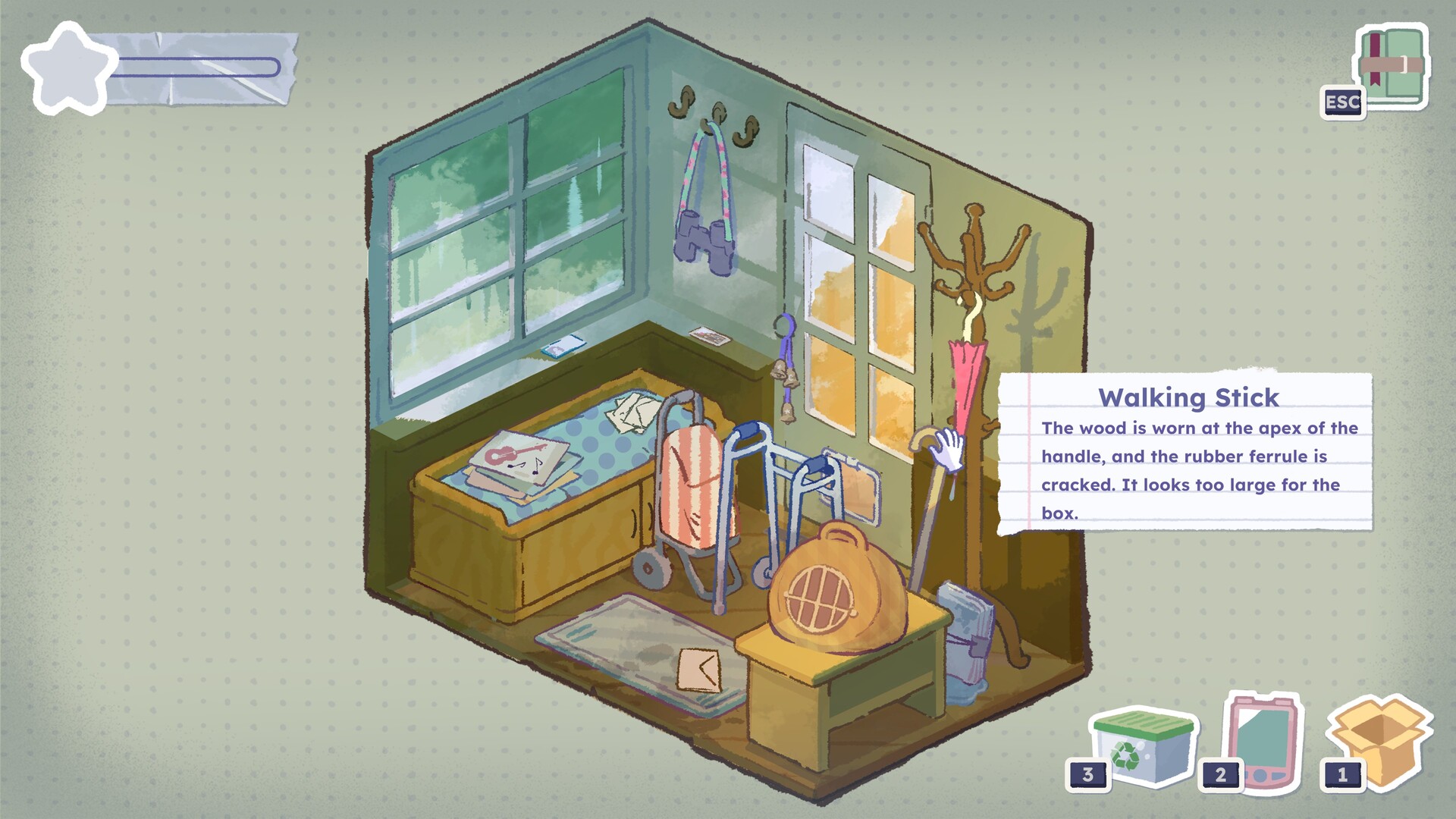 A screenshot from A Storied Life: Tabitha featuring a stylised artstyle that is reminiscent of watercolours. The screenshot shows the porch area of the game, drawn in an isometric style. The room has wooden floor and blue walls and features lots of items cramped into a small space such as a walking frame, coat hanger, worn floor mat and lots of items strewn about for the player to discover. There is a hand icon hovering over a walking stick and next to this is a lined paper pop up with text on that reads 'Walking Stick. The wood is worn at the apex of the handle, and the rubber ferrule is cracked. It looks too large for the box.'
