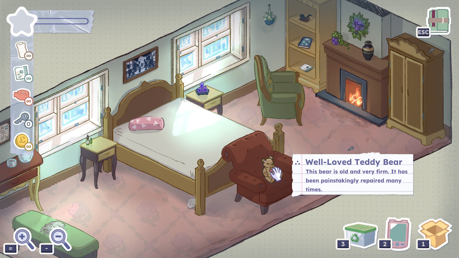 A screenshot from A Storied Life: Tabitha featuring a stylised artstyle that is reminiscent of watercolours and handdrawn elements. It depicts a bedroom environment drawn in an isometric style, featuring a large bed that only has a fitted white sheet on it. Light streams into the room from the two windows either side of the wall behind the bed. There is a lit fireplace on the wall to the right with a green armchair in front of it, positioned to a slight angle. At the base of the bed is a red armchair with a teddy bear sat atop it. There is a hand icon hovering over this and next to it is a lined paper pop up with text on it that reads 'Well-Loved Teddy Bear. This bear is old and very firm. It has been painstakingly repaired many times.'