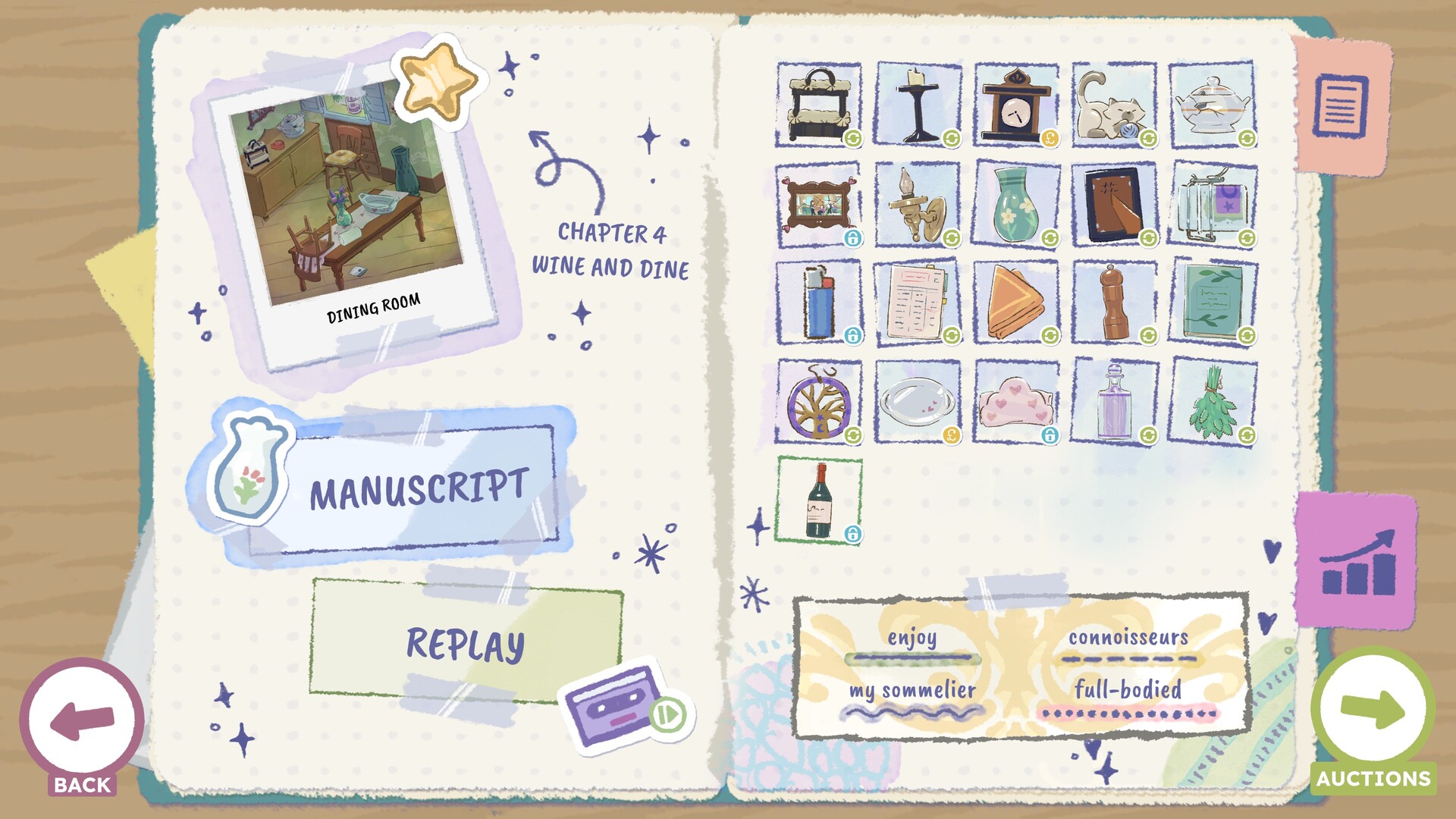 A screenshot from A Storied Life: Tabitha featuring a stylised artstyle that is reminiscent of watercolours and handdrawn elements. The screenshot shows an open journal featuring a polaroid style picture of the dining room in-game, as well as some taped on labels of 'manuscript' and 'replay', indicating choices a player can make on this menu screen. On the right page there are many items that can be found in game lined up in rows in square boxes. Underneath this is a taped in label featuring some words relating to the items, reading 'enjoy', 'connoisseurs', 'my sommelier', and 'full-bodied'.
