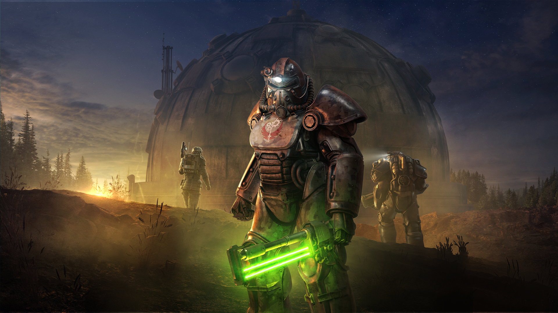 Fallout 76 Key Art, Infestations update released June 2026. An armoured humanoid figure stands in the center holding a glowing neon green weapon in their hand. A large dome building is in the distance behind them as well as two other armored