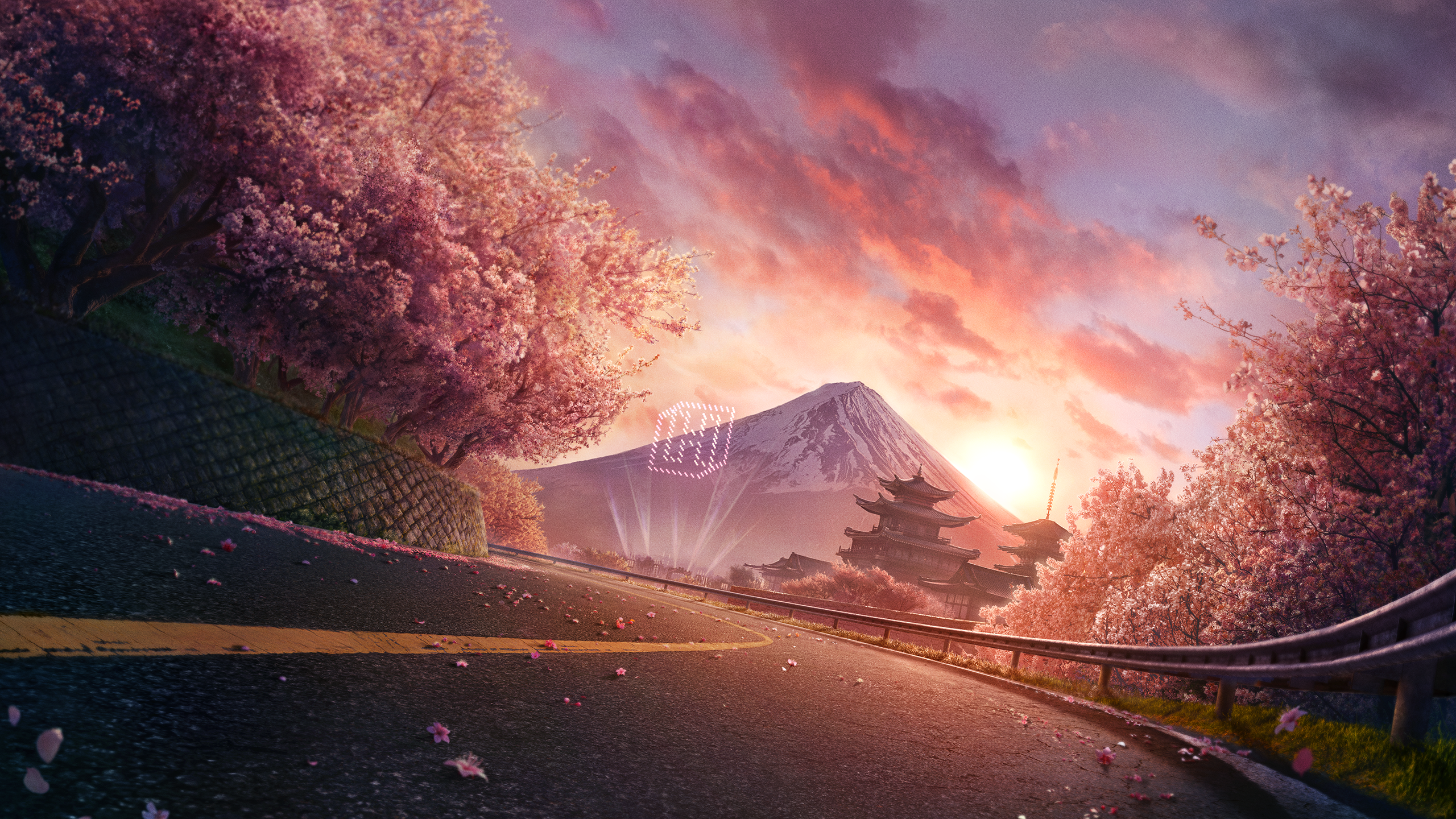 A winding road lined with cherry blossom trees curves towards a distant pagoda, with Mount Fuji in the background under a colourful sunset sky. Drones form the shape of a heart above the landscape.