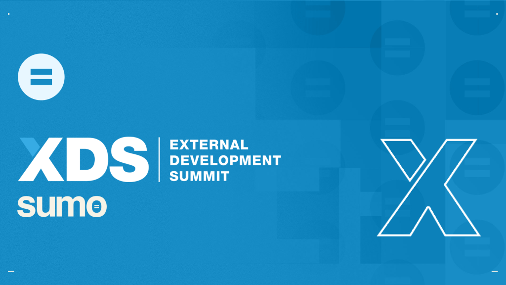 Blue graphic with “XDS External Development Summit,” “sumo,” and a large outlined “X” on the right, reminiscent of branding seen at Gamescom. Equal sign icons appear in the background. Clean, modern design.