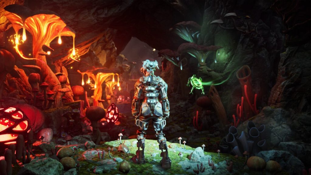 A humanoid figure in a futuristic suit stands in a glowing, colourful cave filled with large bioluminescent mushrooms and fungi, surrounded by vibrant plants and illuminated with various neon lights.