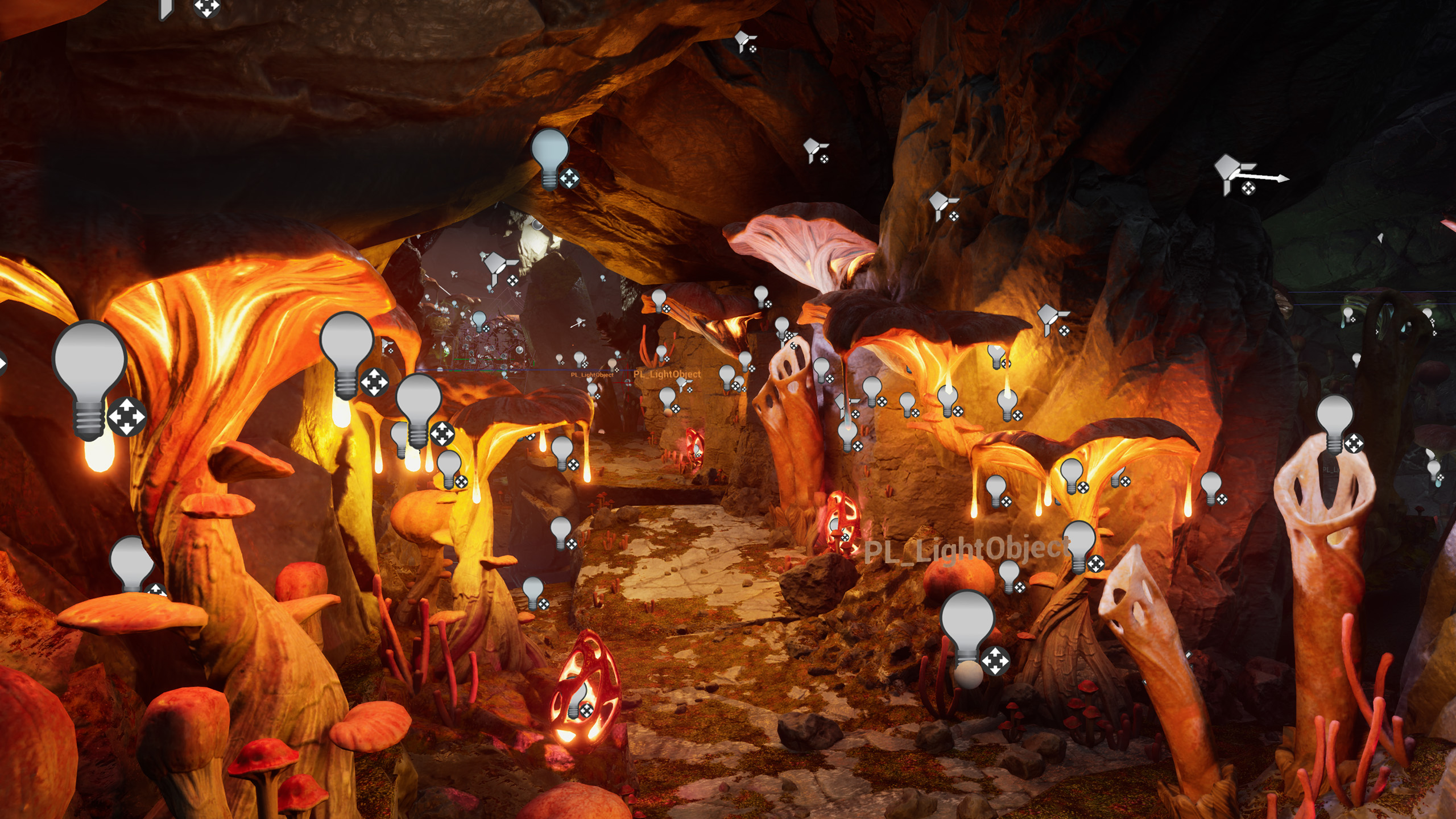 A glowing cave scene with large, orange mushrooms and bioluminescent plants lining a rocky path, perfect for concepting. Numerous lightbulb icons and visibility symbols are overlaid across the image.