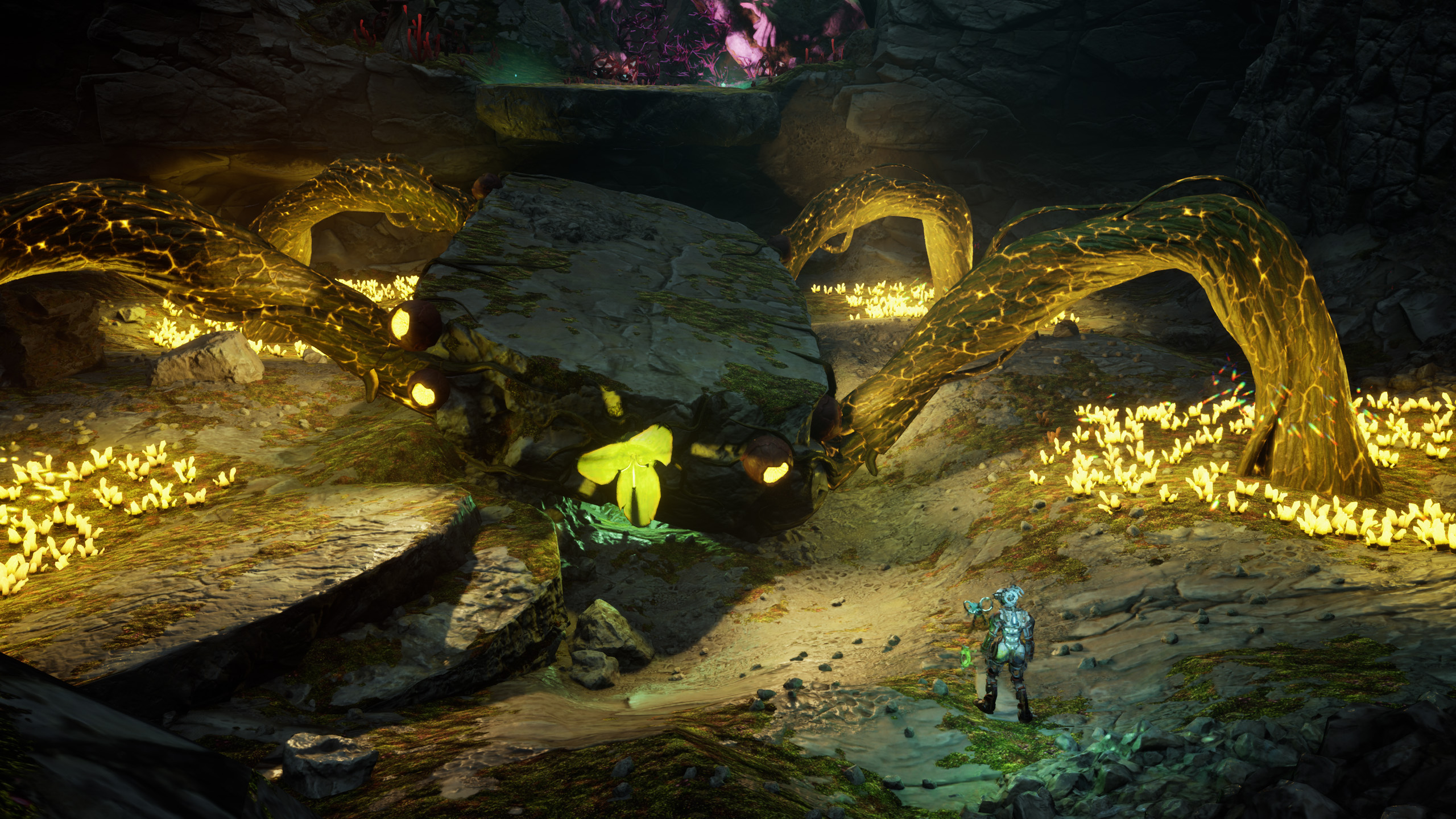 A person in futuristic armour faces a giant stone creature with glowing yellow eyes and tentacle-like limbs, surrounded by bright yellow crystals in a dark cave—perfect for concepting an epic fantasy scene.