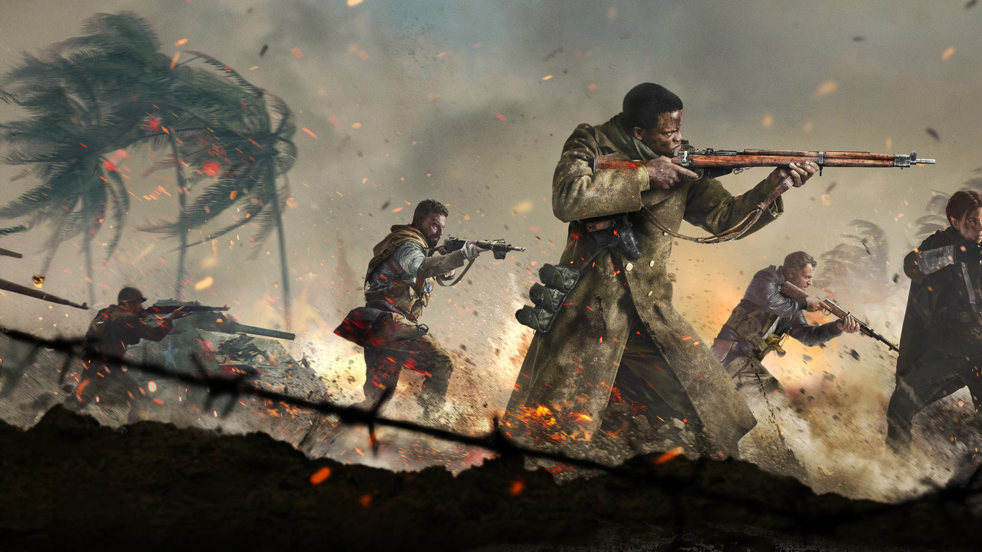 Call of Duty: Vanguard Key Art Image. Five soldiers charge forward through a fiery, smoky battlefield. One leads with a rifle, others follow behind him amid explosions, flying debris, and bent palm trees in the background.
