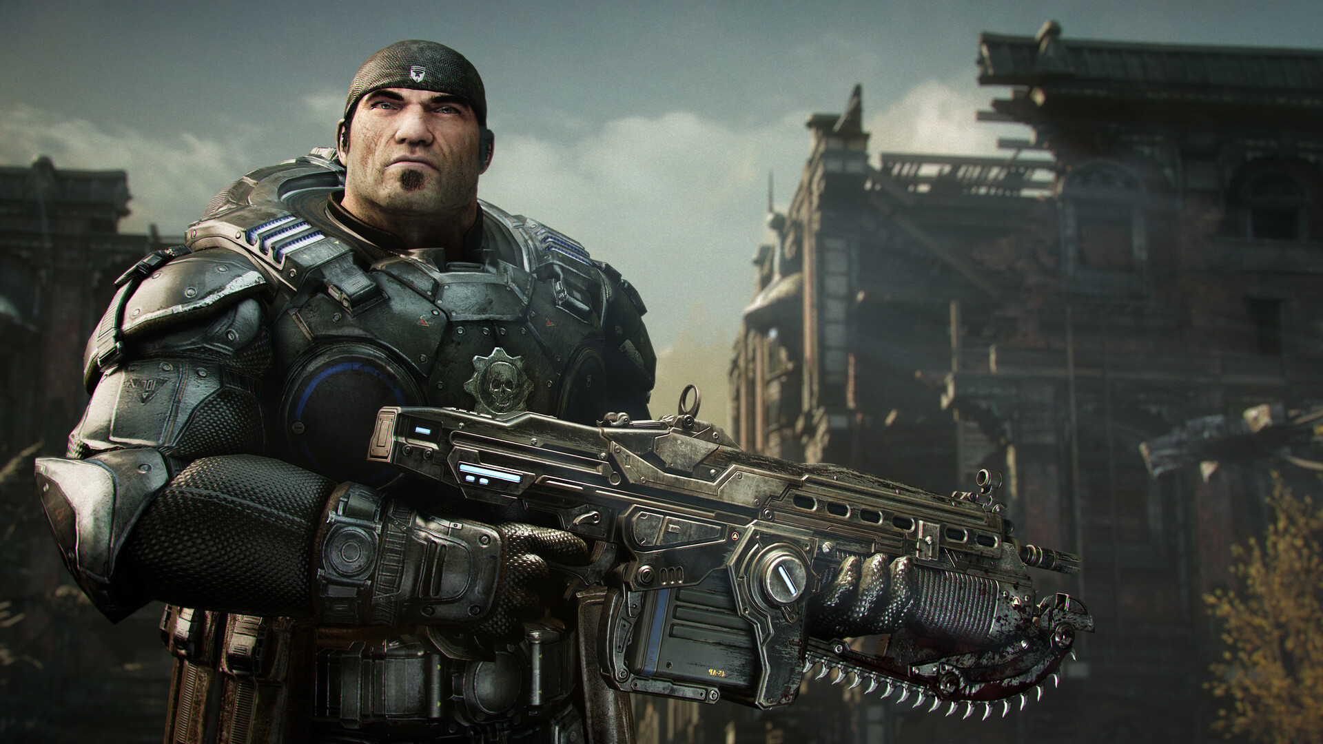 Gears of War: Reloaded Key Art. A muscular man in futuristic armour holds a large, detailed gun, standing in front of a damaged, post-apocalyptic building.