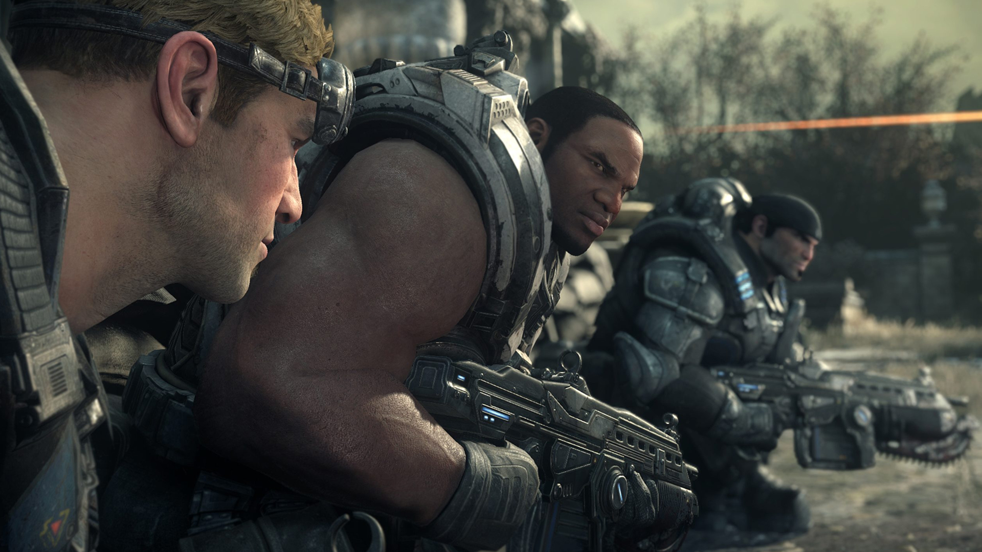 Three armoured soldiers crouch with large guns at the ready, looking ahead with serious expressions in a war-torn outdoor setting, trees and ruins visible in the background—a scene that vividly showcases the impact of thoughtful video game narrative design.