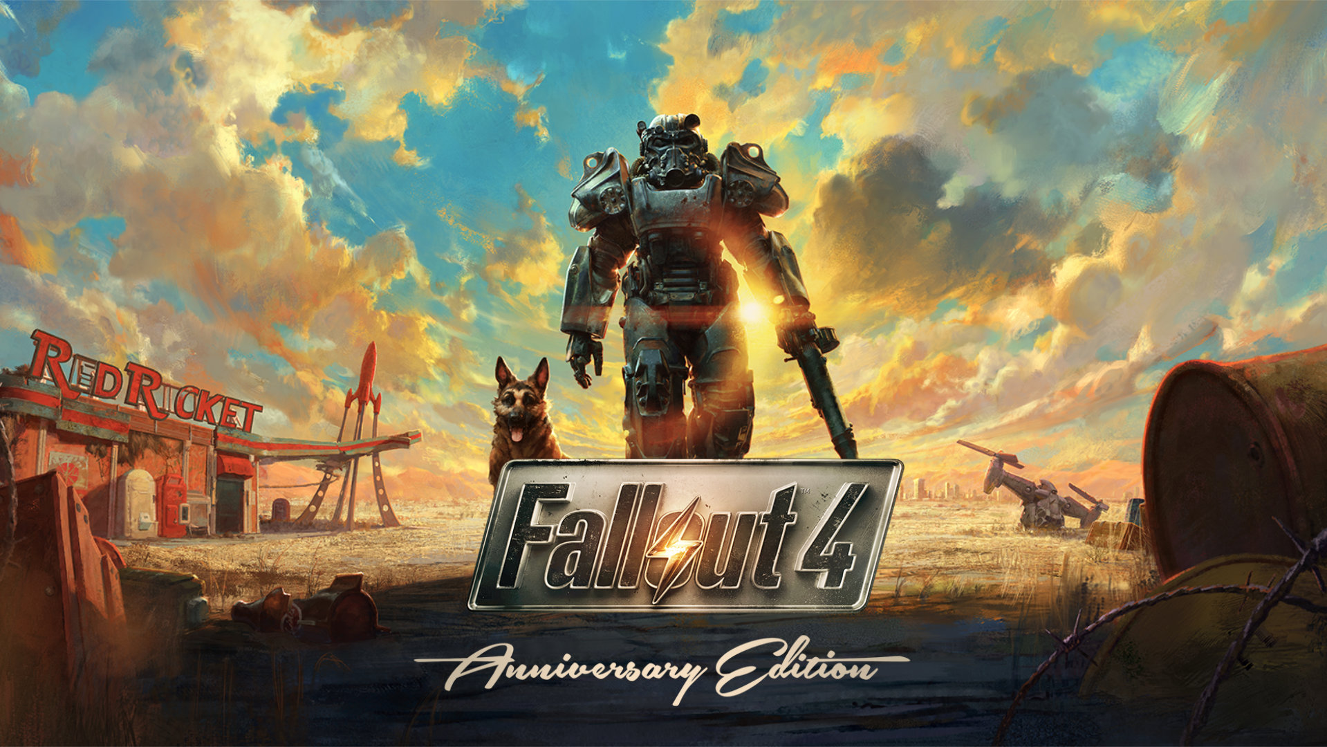 Fallout 4: Anniversary Edition Key Art. A person in power armour with a dog stands near a Red Rocket petrol station in a post-apocalyptic landscape.