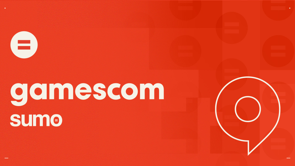 Bold white text on a red background reads gamescom sumo, featuring circular and equals sign graphics and a large outlined number 9 on the right. The modern, geometric design perfectly captures the energetic spirit of Gamescom.