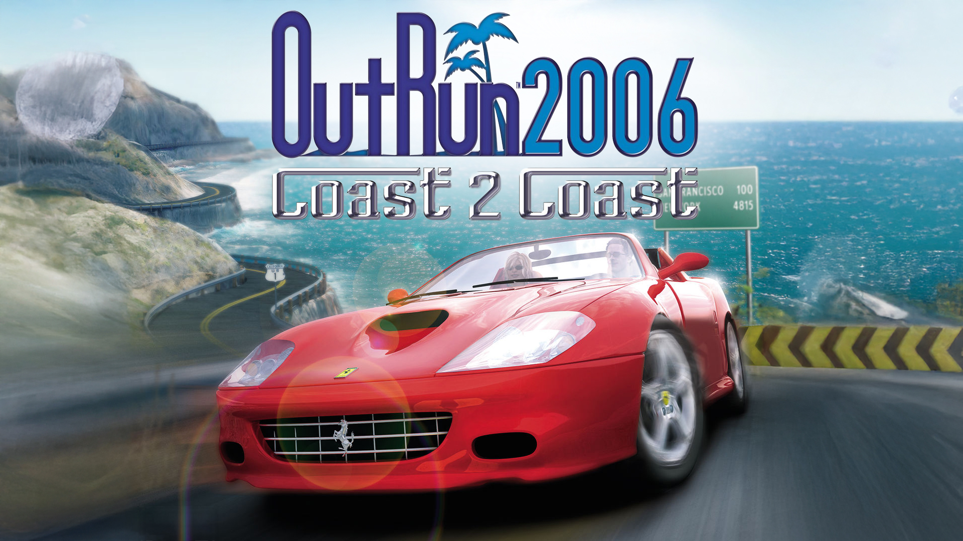 Key Art for OutRun 2006 Coast 2 Coast. A red sports car speeds along a coastal road with cliffs. The text OutRun 2006 Coast 2 Coast appears above, with a blue sky and road signs in the background.