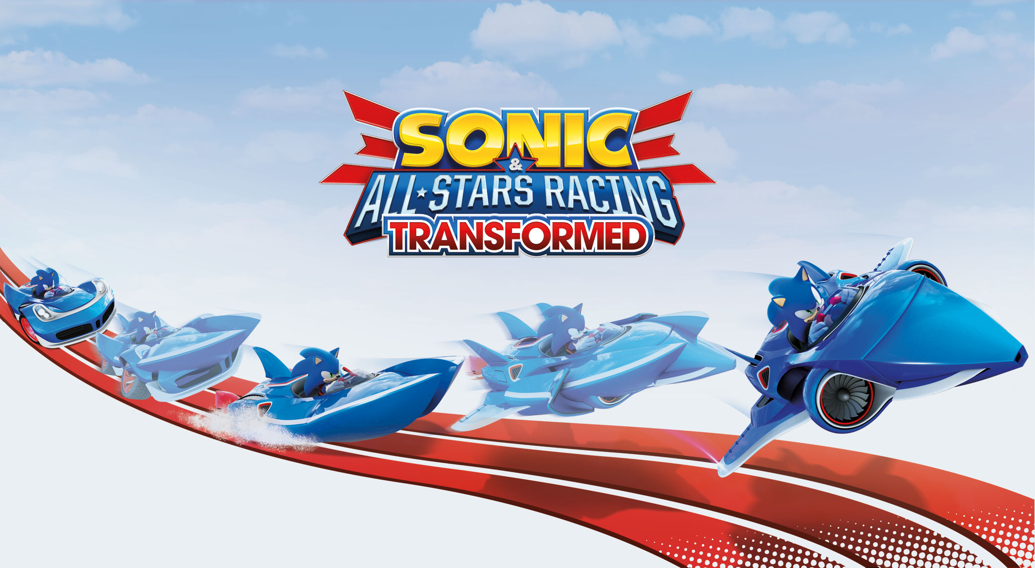 Key Art of Sonic * All Stars Racing Transformed. Sonic drives blue vehicles that change from car to boat to plane. The game's logo, Sonic & All-Stars Racing Transformed, is above him against a blue sky with clouds and a red racing track at the bottom.
