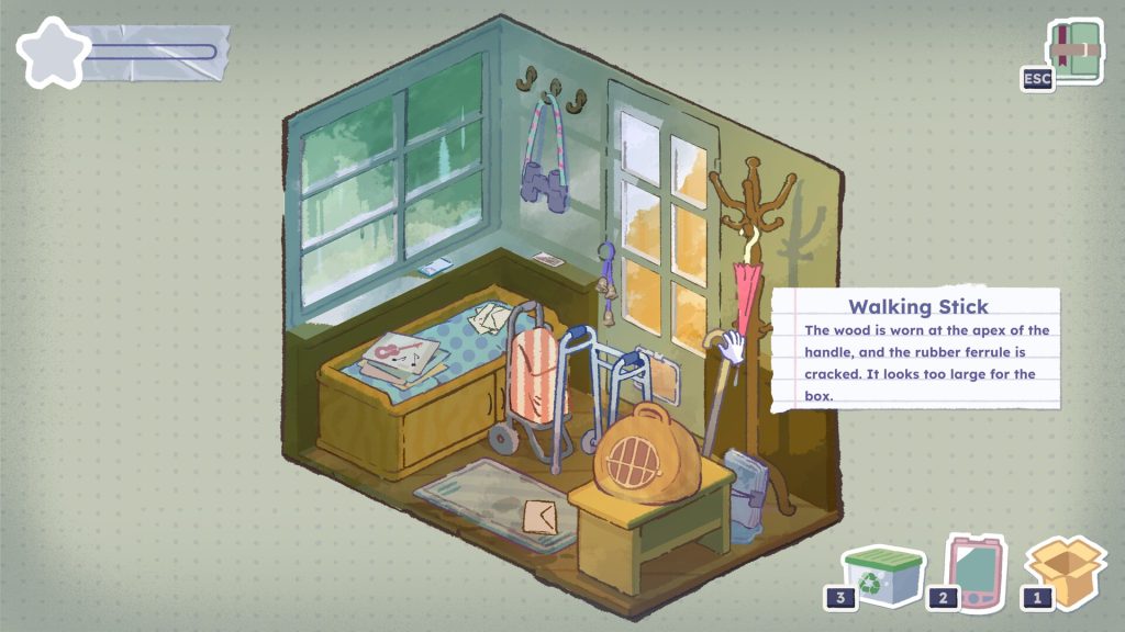A screenshot from A Storied Life: Tabitha of the porch environment which shows a cramped space full of belongings, from a pair of binoculars hung up on a middle hook on the wall, some records, a walking frame, a letter on top of a rug, a cat carrier basket, and more. A hand icon hovers over a walking stick propped up against a wall, bringing up text on a lined piece of paper that reads 'Walking Stick. The wood is worn at the apex of the handle, and the rubber ferrule is cracked. It looks too large for the box.'