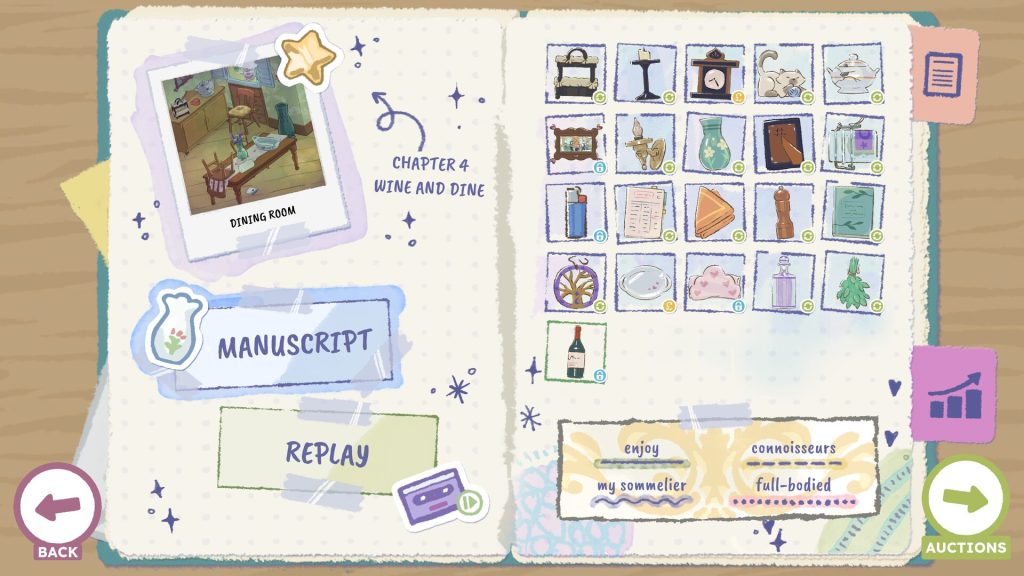 A screenshot from A Storied Life: Tabtiha of the Summary Screen stylised as an open book with pieces of paper taped inside and tabs sticking out. The screen directs the player to which chapter of the game they're currently on, which was chapter 4 wine and dine, set in the dining room. It also has buttons for the manuscript they can read, an option to replay the level they just completed, what items they kept, recycled, and auctioned, and some key phrases that were used such as 'enjoy', 'connoisseurs', 'my sommelier', and 'full-bodied'.