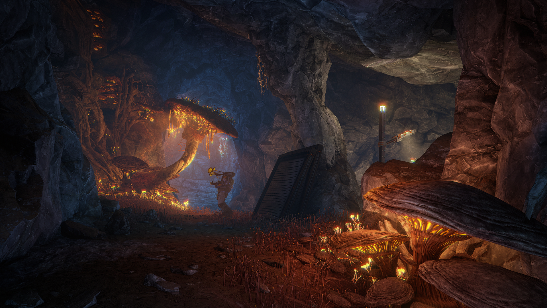 A person explores a glowing cave filled with large bioluminescent mushrooms, rocky walls, and scattered lights. The scene has an otherworldly, fantasy atmosphere.