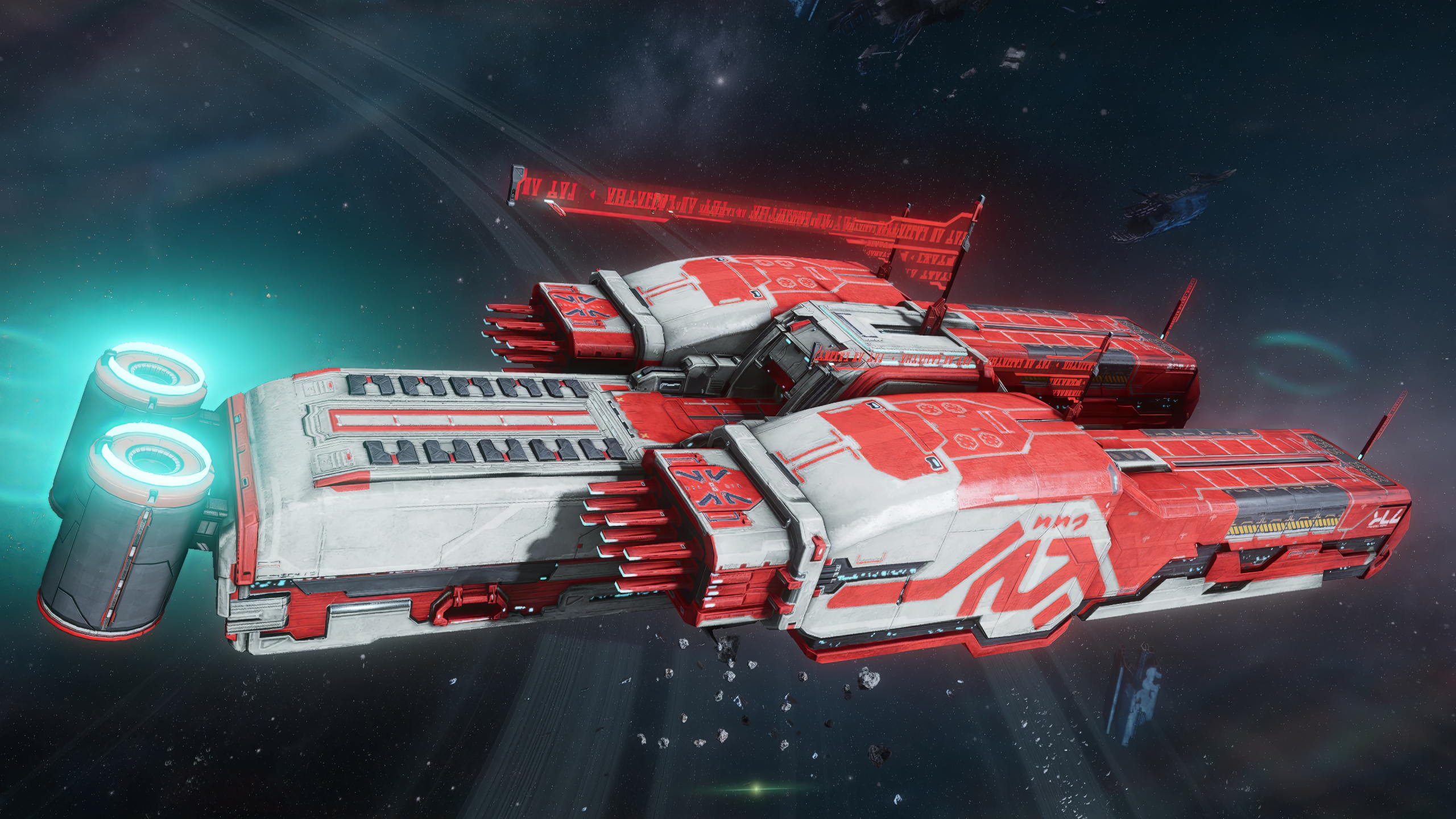 A large red and white spaceship with glowing blue engines flies through space, surrounded by debris and distant stars. The ship has angular features and illuminated accents, giving it a futuristic appearance.