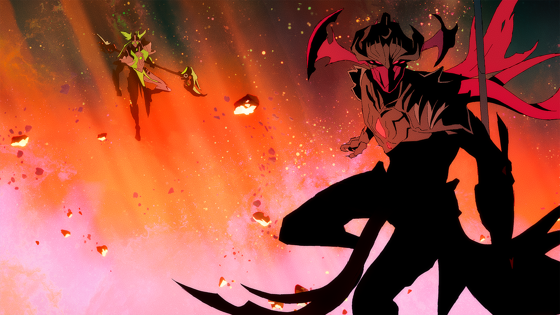 A shadowy armoured figure stands with a sword, facing a green-clad character floating amid fiery, glowing debris and swirling light. The scene is dramatic and intense, with vibrant colours and dynamic action.