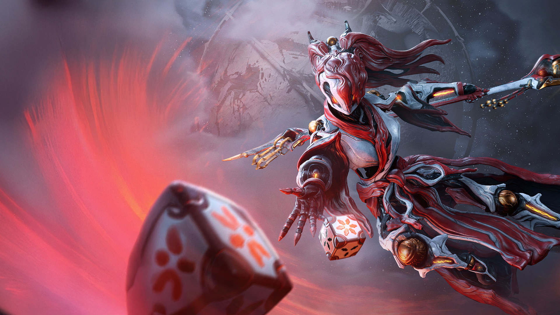Key art of Koumei & the Five Fates, an October 2024 update to Warframe. The image shows a female humanoid figure floating mid-air, rolling red and white dice towards the camera. Her form is covered in weaving, natural clothing that wraps around her and conceals the mechanical components of her body underneath. The background features a wide space sky filled with stars and a large planet like form that is obstructed from view mainly by Koumei and a red swoosh of colour on the left hand side that spreads behind the dice.