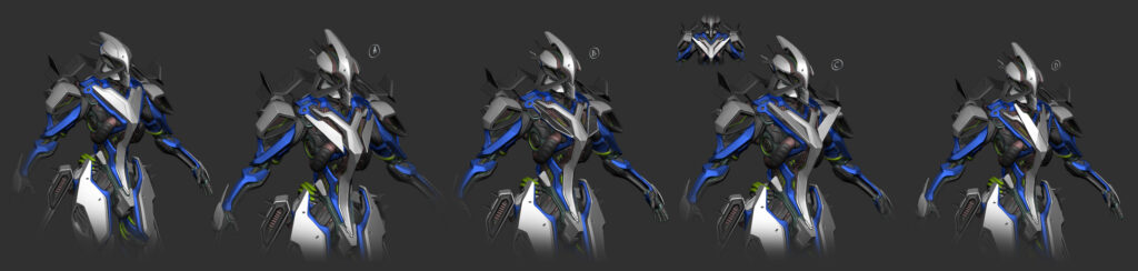 Panel Animation Concept Exploration. The image shows five drawings of a robotic character from the torso upwards, each varied from the last to explore different features.