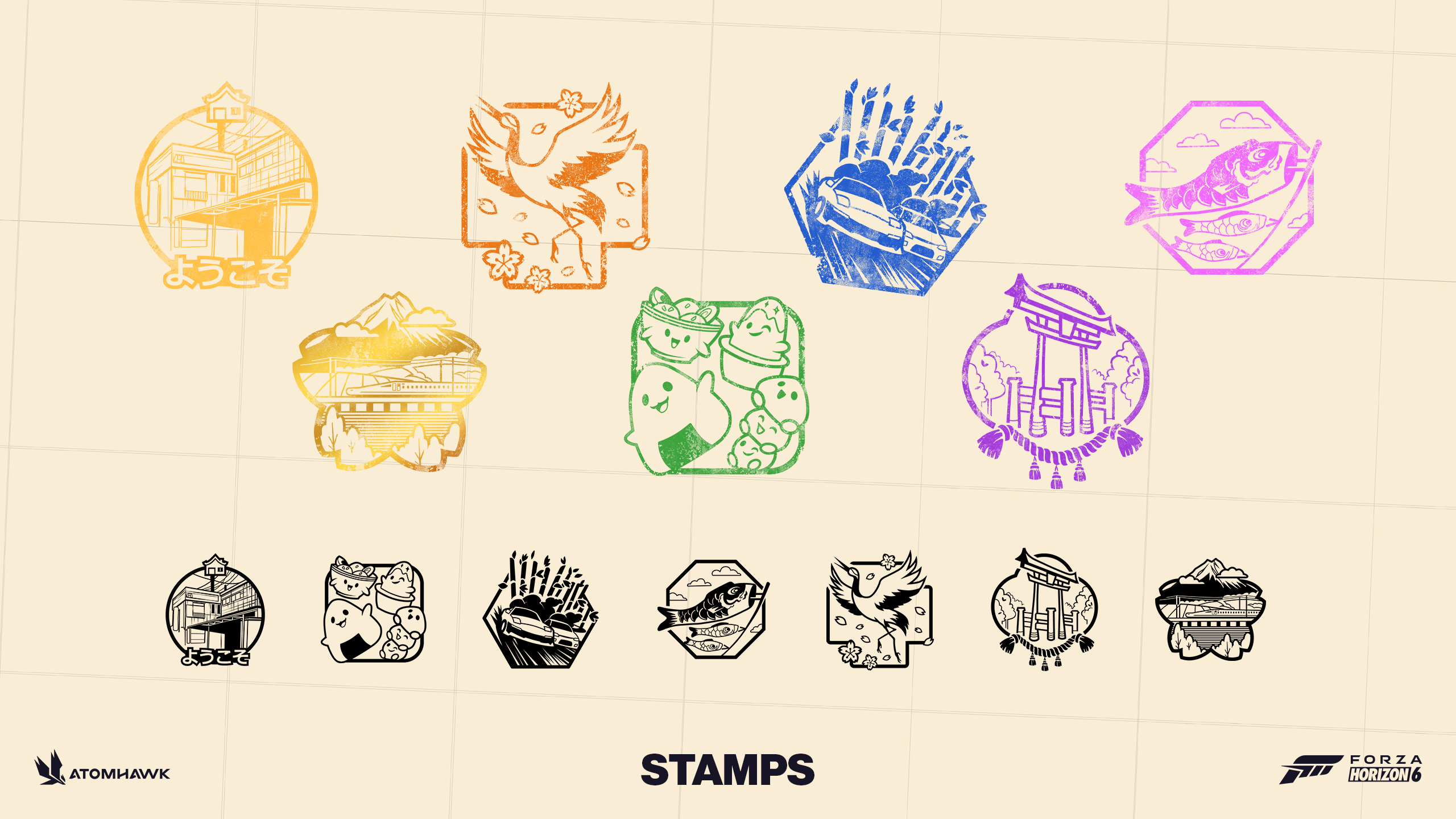 An image with a cream coloured background with thin gridded lines on top. There are 14 different stamped designs on top of this all printed in different colours showcasing the variety of Atomhawk's Eki Stamps created for Forza Horizon 6. Some of the design elements included within these stamps include Torii Gates, cars racing amongst bamboo forests, a crane surrounded by cherry blossom petals and more.