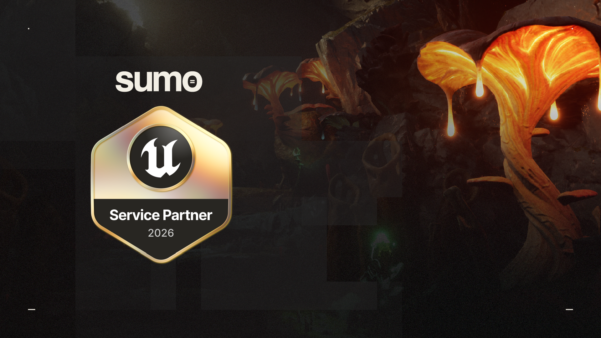 Sumo's Unreal Gold Service Badge, signifying our expertise within the Unreal Engine. Behind the logo that sits on the left is a screenshot from Neural Dawn, created in Unreal Engine.